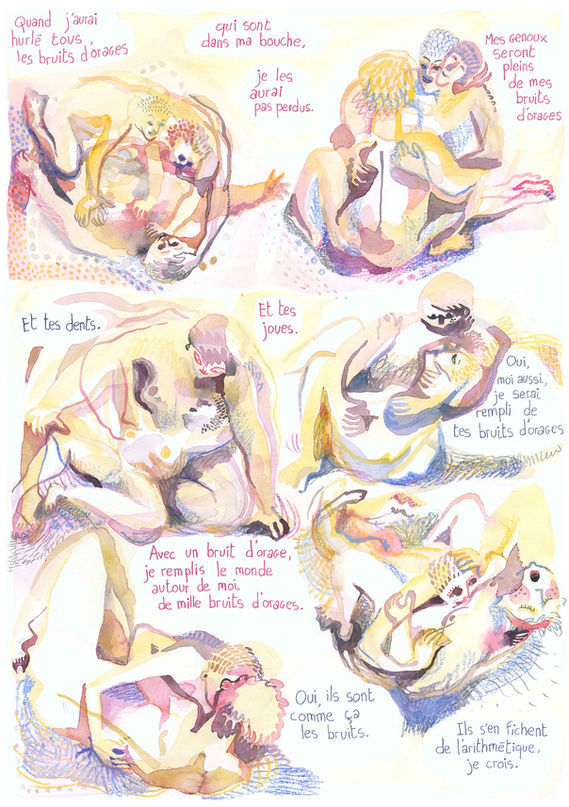 Félix Rouxel. Faire l'amour sur le sable. Planche 7. Aquarelle, feutres et crayons sur papier. 42x30cm. Hiver 2023. Jaune rose rouge et pointe de bleu. Deux personnes se promènent dans le désert en parlant de dieu.