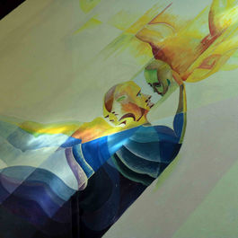 Félix Rouxel. Sous le soleil, gonflent les corps. Acrylique. Des corps diffractés par la lumière s'apprètent à s'embrasser.