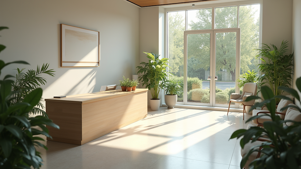 High angle view of a peaceful clinic reception area with plants and natural light