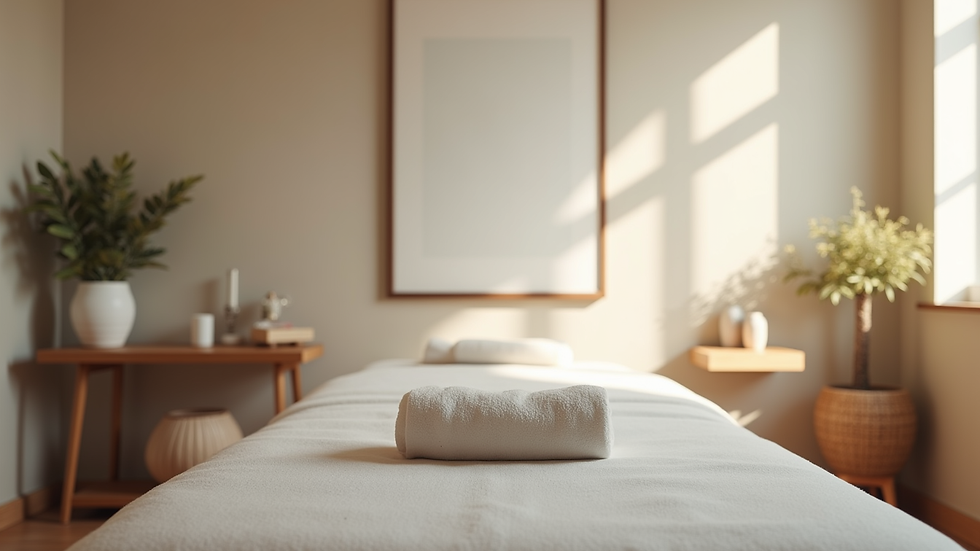 Eye-level view of a calm massage therapy clinic room with a massage table