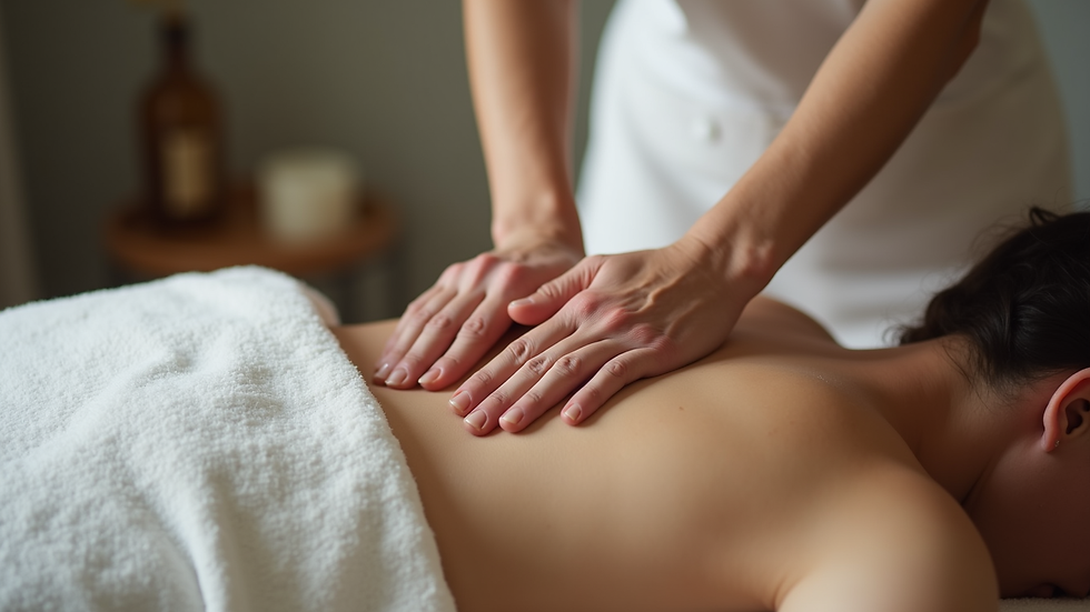 Close-up view of massage therapist’s hands applying pressure on a client’s back