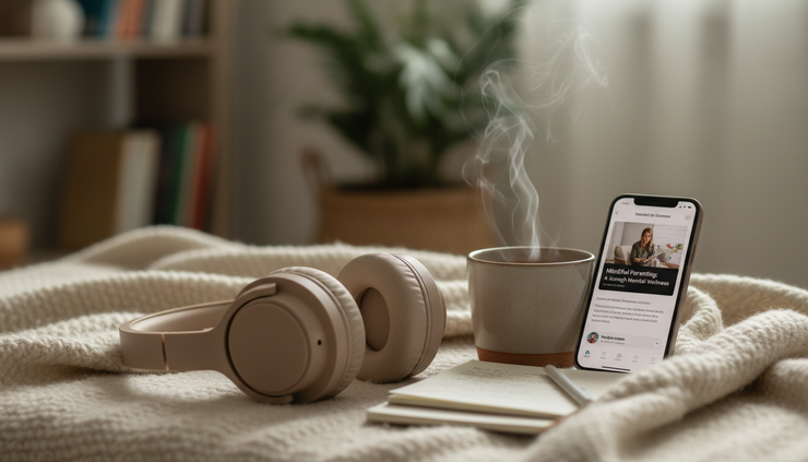 Close-up of headphones resting beside a warm cup of tea.