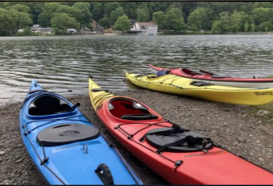 Kayaks lined up on the shore for your team