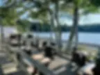 The outdoor patio at Casta Diva Restaurant with a lovely view of the water.