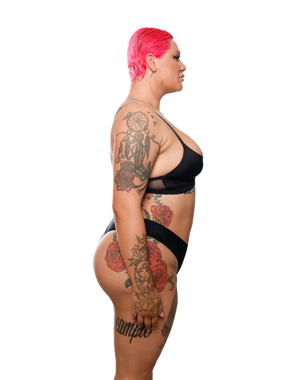 side view of a transwoman wearing tucking panties in Australia