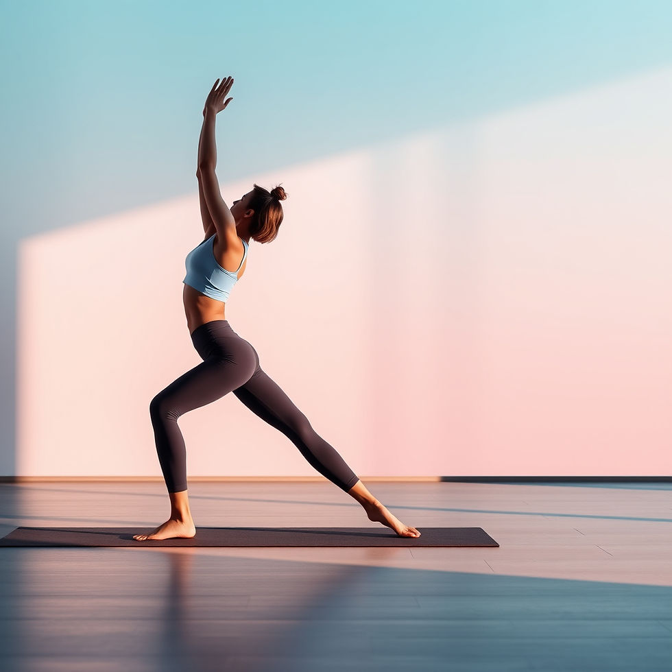A modern, minimalistic fitness or yoga scene featuring a person doing a stretching or yoga