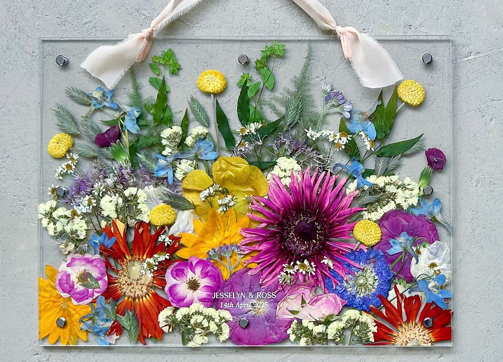 colourful and bright preserved wedding bouquet in glass frame