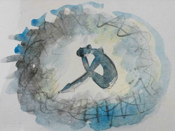 A watercolor of a figure sitting with head on knees, surrounded by swirling blues and grays, creating a somber, introspective mood.