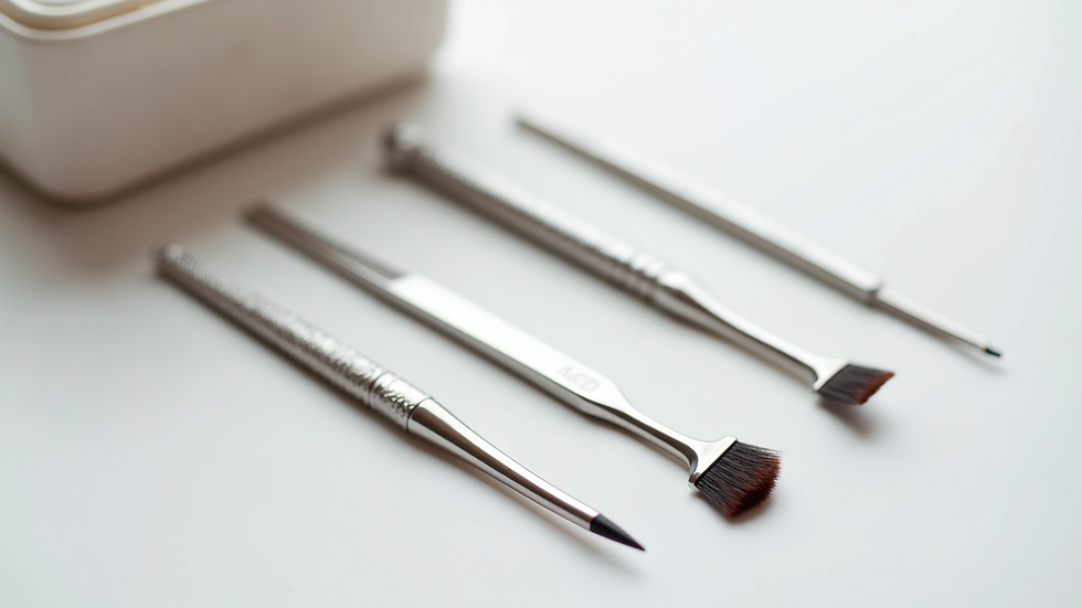 Close-up view of eyebrow shaping tools arranged neatly on a white surface