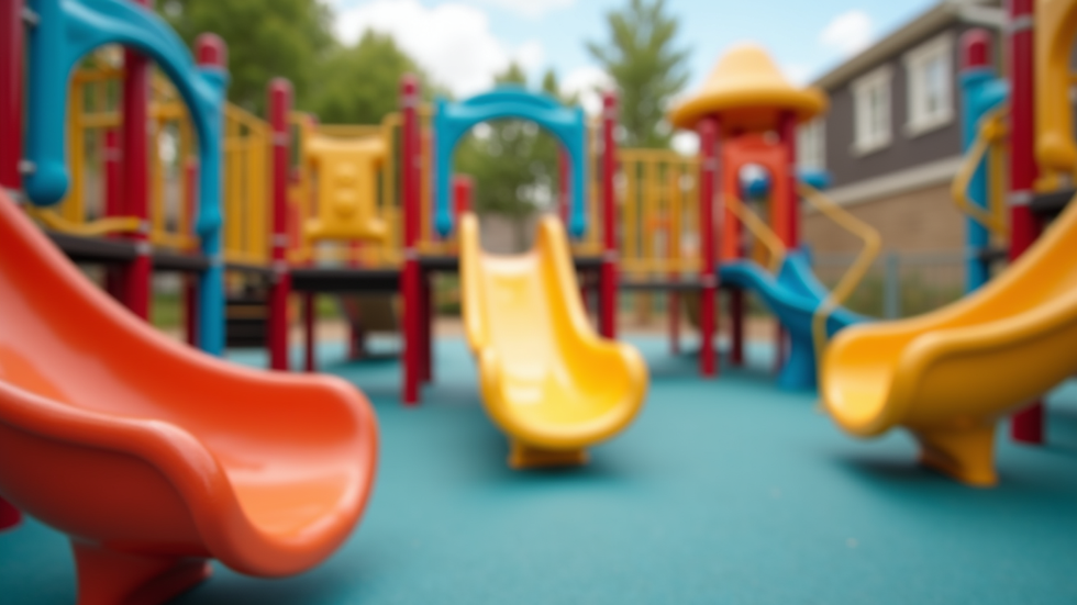 Close-up view of a preschool playground with colorful play equipment