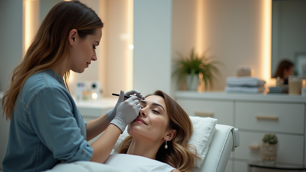 Eye-level view of a beauty salon interior with eyebrow shaping station