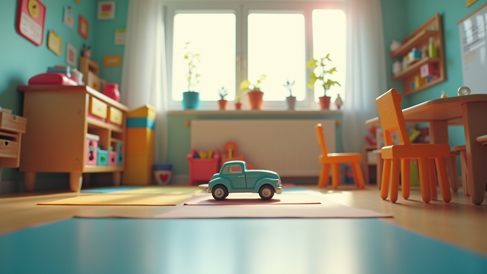 Eye-level view of a colorful classroom with educational toys and learning materials