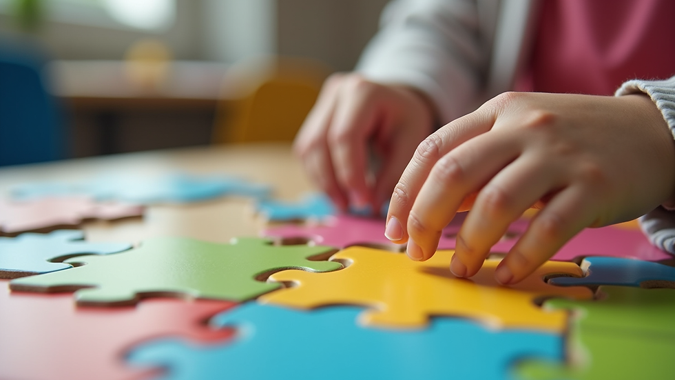 Close-up view of a child’s hands working on a colorful puzzle in a classroom