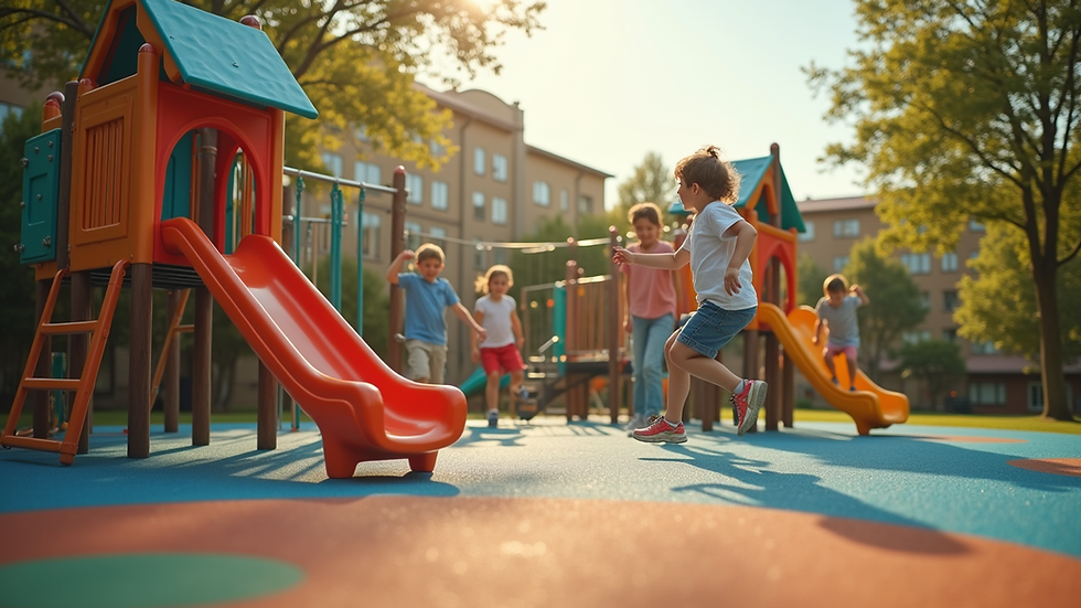Wide angle view of an outdoor playground with children playing