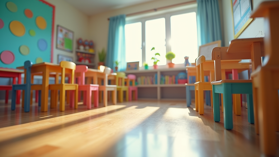 Eye-level view of a colorful preschool classroom with learning materials