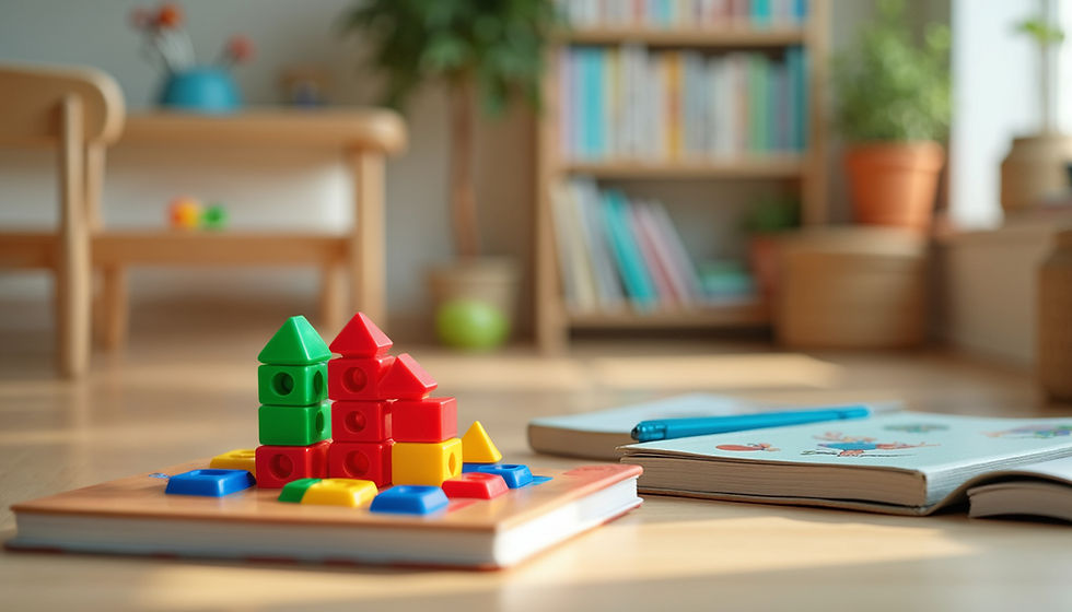 Toy-filled playroom with a cat figure in a yellow-red car, books and pens on the floor, and soft sunlight with plants behind