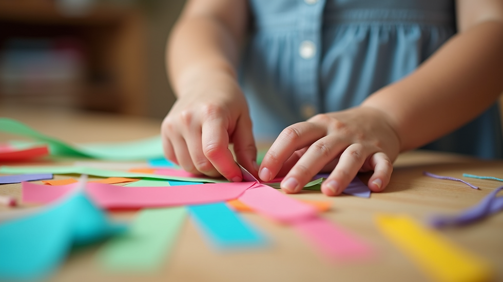 Close-up view of child’s hands cutting colorful paper strips for a craft project