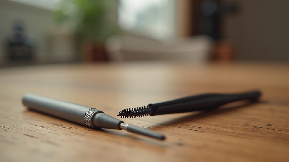 Eye-level view of eyebrow grooming tools on a wooden surface