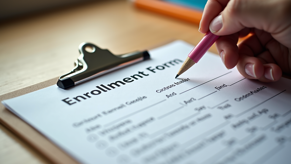Close-up view of a preschool enrollment form being filled out on a clipboard