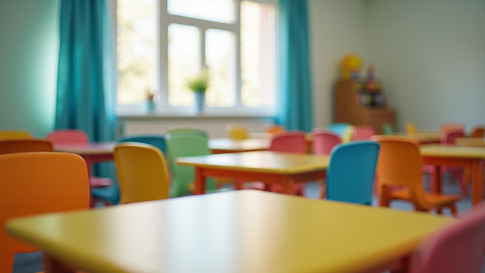 Eye-level view of colorful classroom with child-sized tables and chairs