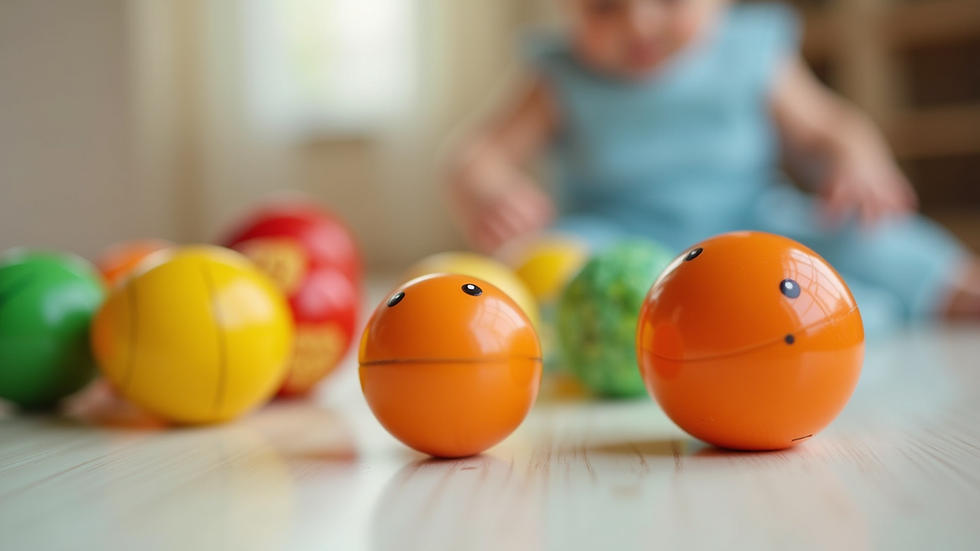 Close-up view of colorful sensory toys for infants