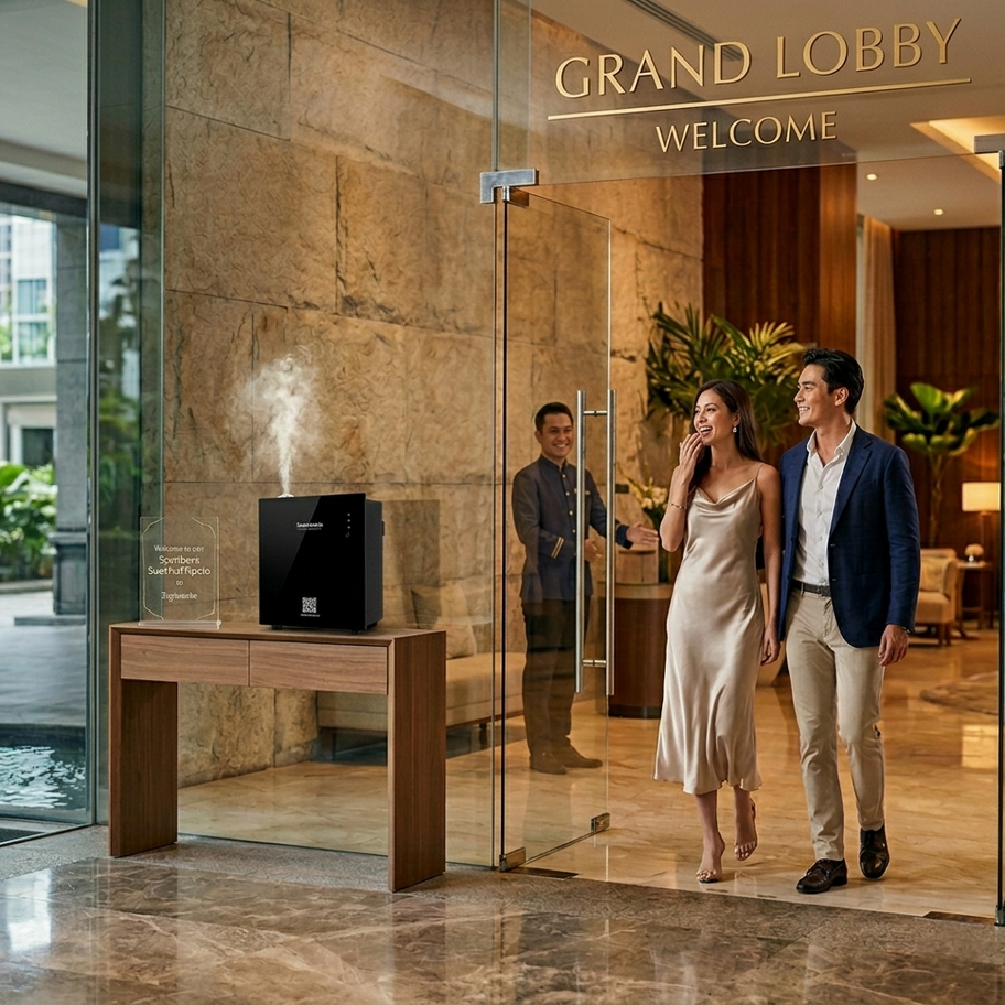 Scentamia Aroma Series 600 commercial diffuser providing ambient scent marketing in a grand hotel lobby.