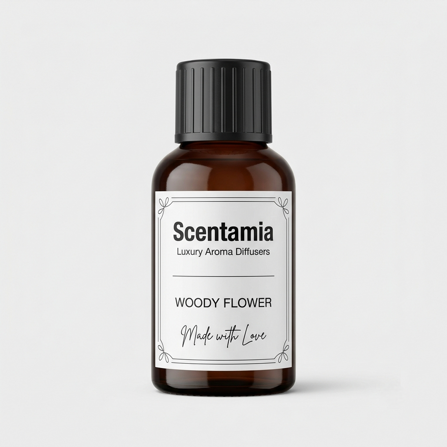 Scentamia Woody Flower fragrance oil bottle, blending rich earthy wood undertones with subtle sweet floral highlights
