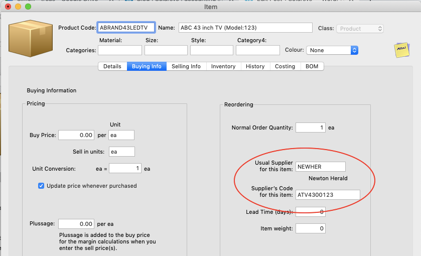 Product Code and Supplier's Code