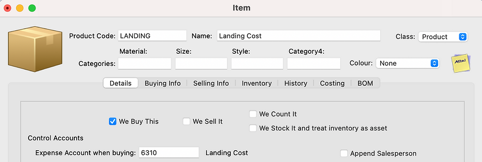 Landing cost item