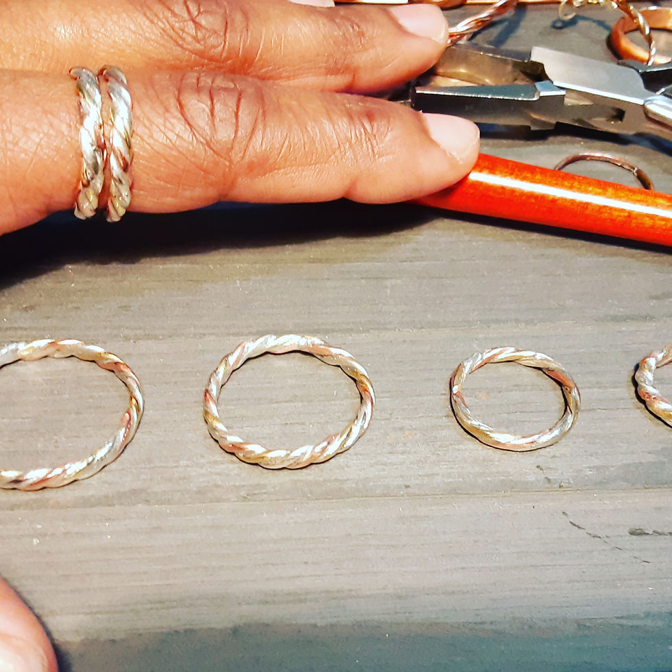 Thumbnail: 2 Tri color stackable rings in sterling silver copper and brass on brown hand