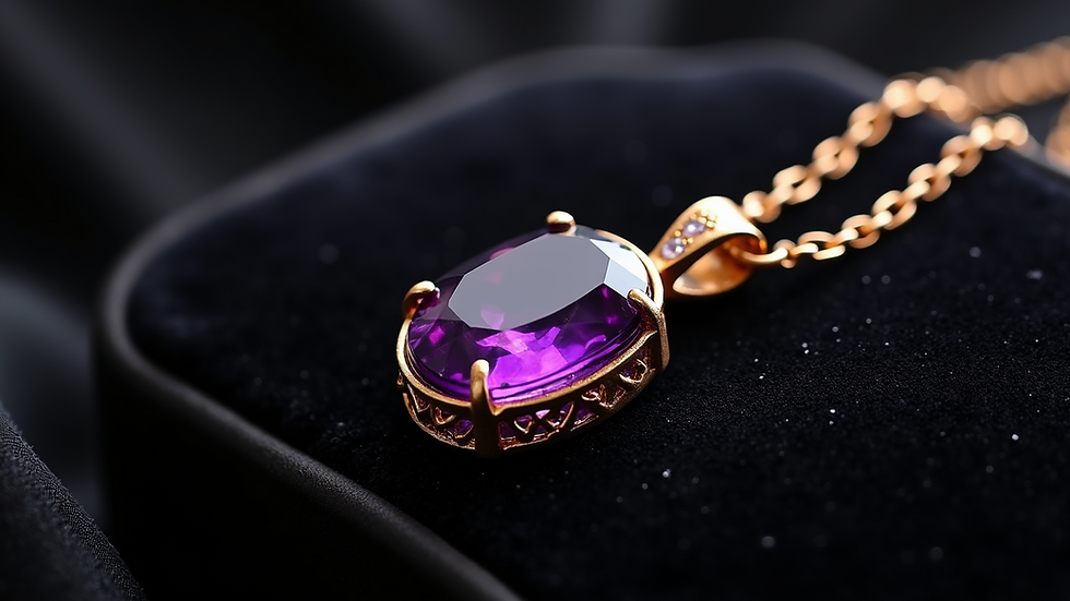 Close-up view of amethyst pendant necklace on a black velvet background
