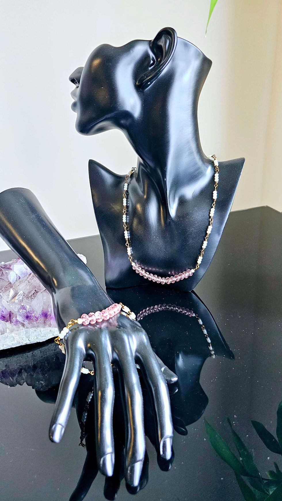 Thumbnail: Mother of Pearl and Pink Crystals on Bronze Colored Copper Set