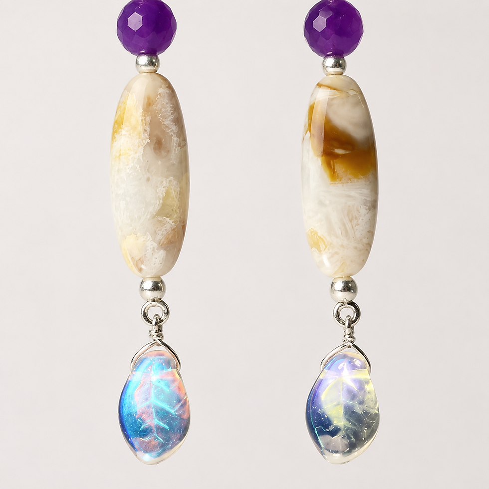Thumbnail: Amethyst, Gray Agate & Opaque Leaf Silver Dangle Earrings