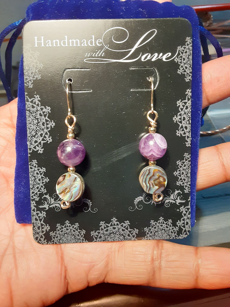 Thumbnail: 14k Gold Amethyst & Mother of Pearl Earrings