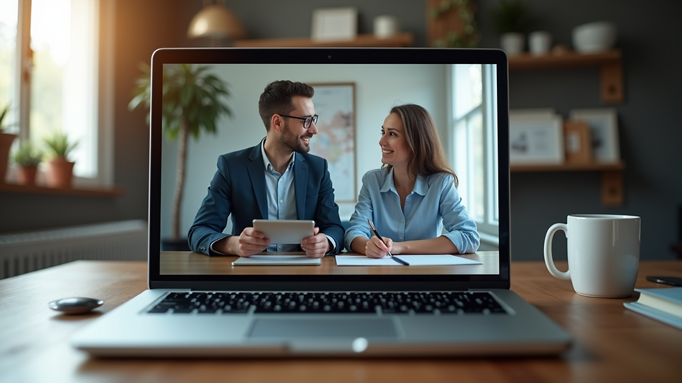 Eye-level view of a laptop with a virtual coaching session on screen