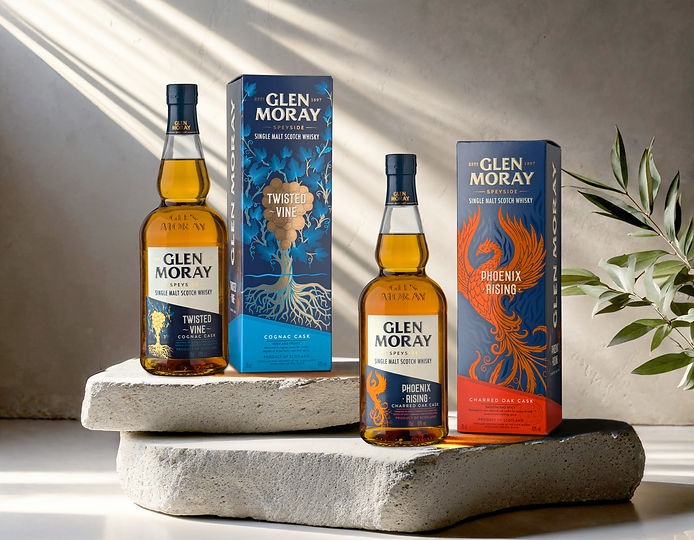 Glen Moray whisky bottles with packaging display, a classy product shot presentation.