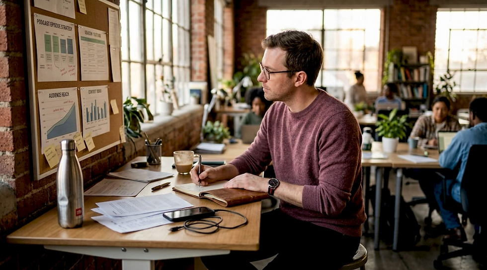 Man outlines podcast plan in workspace