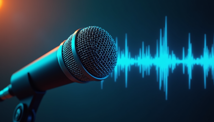 Close-up view of a podcast microphone with sound waves visualized around it
