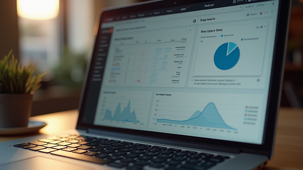 Close-up view of a laptop screen showing podcast analytics dashboard