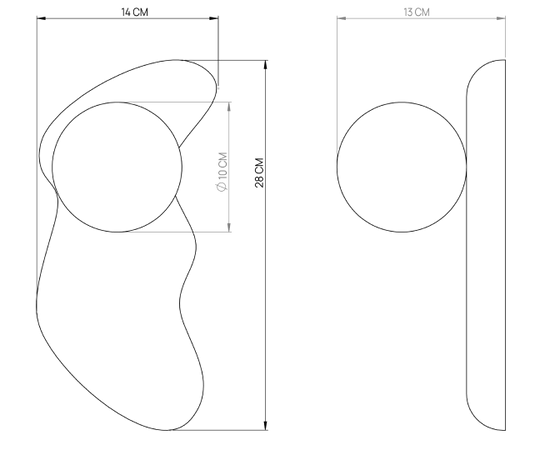 Technical drawings of wall-mounted light fixture showing front and side elevation views with measurements in millimeters