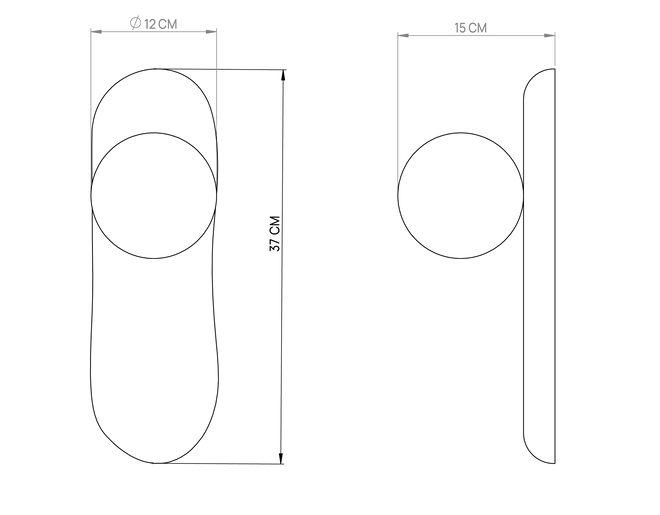 Technical drawings of wall-mounted light fixture showing front and side elevation views with measurements in millimeters