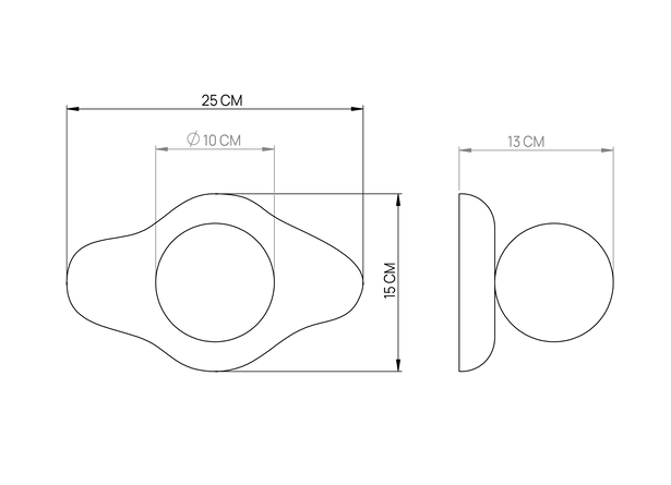 Technical drawings of wall-mounted light fixture showing front and side elevation views with measurements in millimeters
