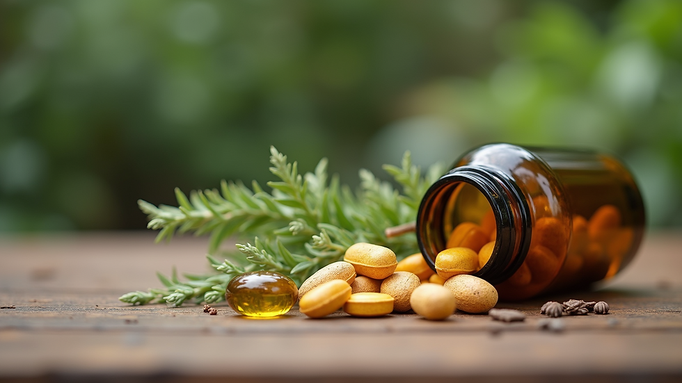 Close-up view of herbal supplements and natural remedies on a wooden table