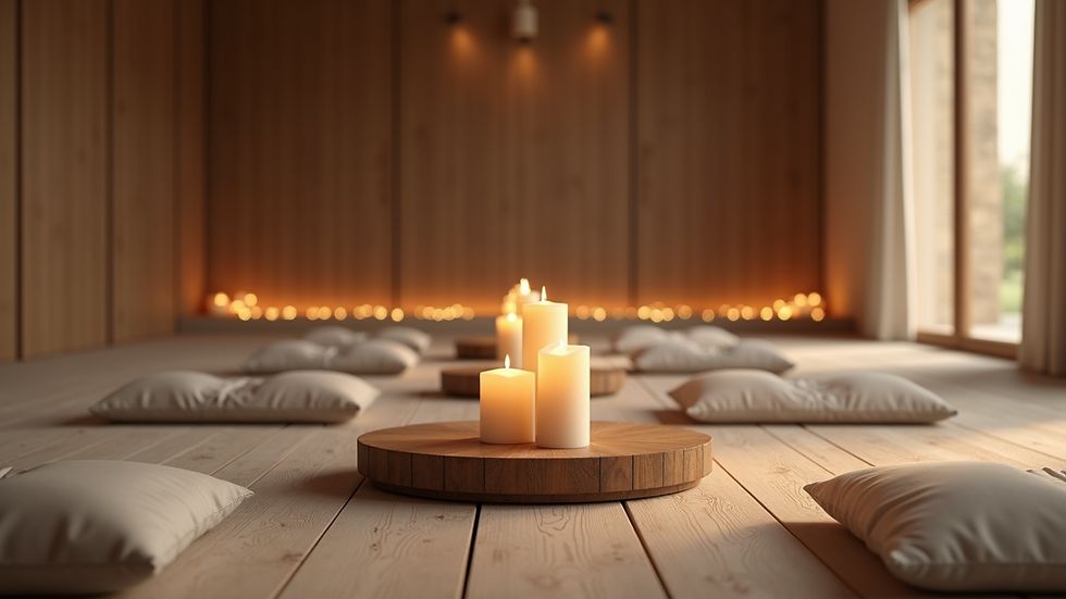 Eye-level view of a serene meditation space with cushions and candles