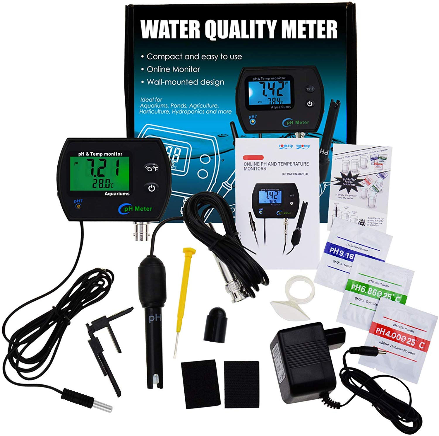 2-in-1 Combo pH & Temperature Meter Water Quality Tester Replaceable BNC pH