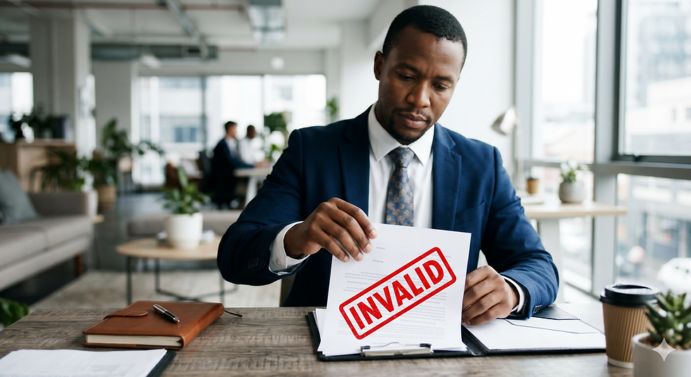 Man in blue suit in bright office holds a document stamped INVALID, looking serious.