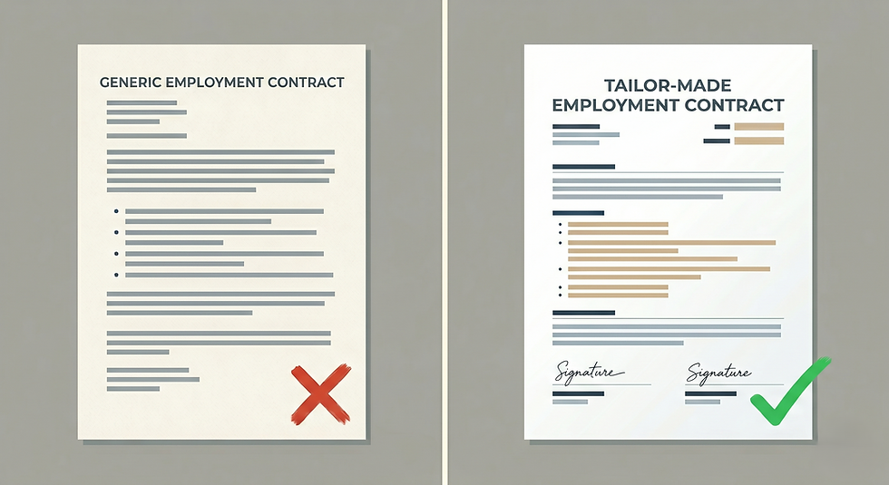 Side-by-side employment contract pages: generic contract marked with a red X, tailor-made contract with signatures and a green check.