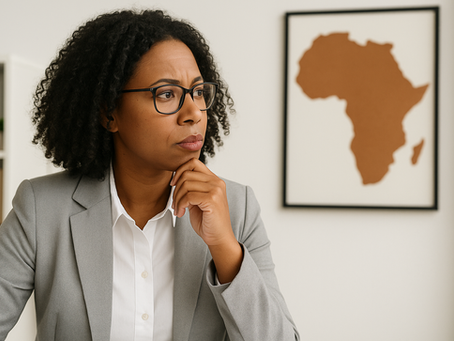 A woman in a gray suit looks thoughtful, resting her chin on her hand. Behind her is a framed map of Africa on a white wall.