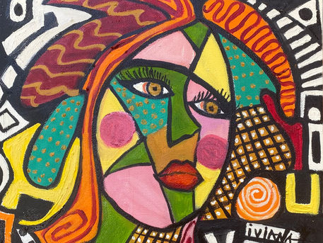 Close-up of abstract painting layers showing scribbles and bold color underneath