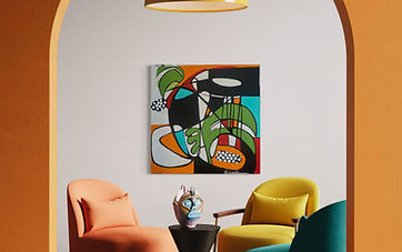 Colorful modern interior with orange archway, mustard pendant light, and mid-century chairs in peach, yellow, and teal, featu